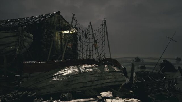 Moonlit fishing trawler on rocky shore, netting draped over corroded hull, seawater reflecting pale light, scattered buoys and ropes, atmosphere of lost