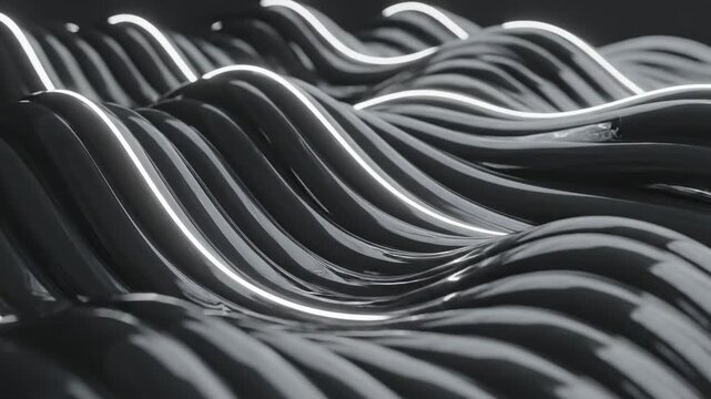 Curved chrome wave pattern concept rendered in a dark high-contrast environment, polished metallic ribs rising and falling like liquid metal across a seamless surface, sharp white rim lighting tracing