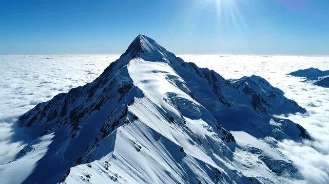 Minimal winter summit scene with a solitary alpine peak rising above a sea of low clouds, bright sunlight glinting off icy surfaces while deep cobalt shadows define the terrain, wide stabilized aerial
