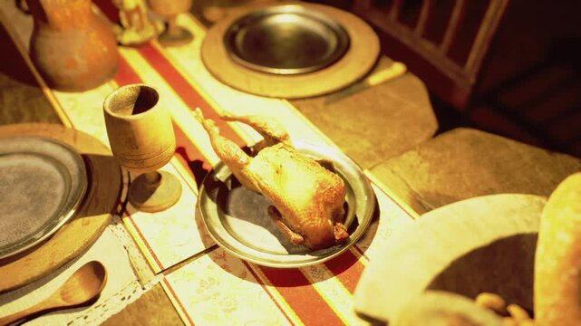 Vintage still life with chicken, sepia toned dinner scene featuring ceramic plates, crusty bread, tarnished spoon, wooden chair and painterly nostalgic