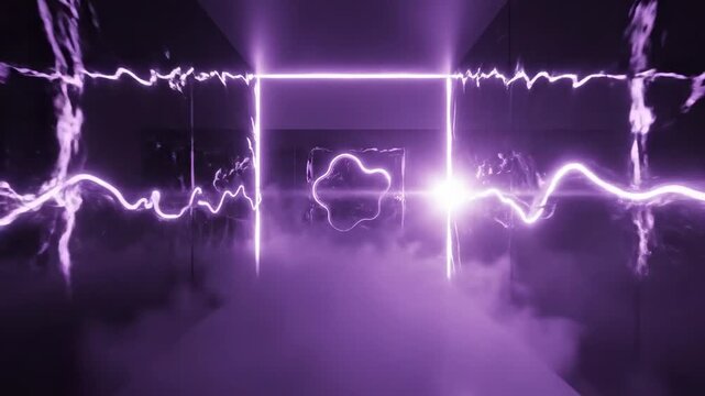 Futuristic neon portal frame as an abstract logo placeholder, a dark reflective wall panel like smoked glass with a hovering irregular neon outline shape (organic blob frame) glowing electric violet,