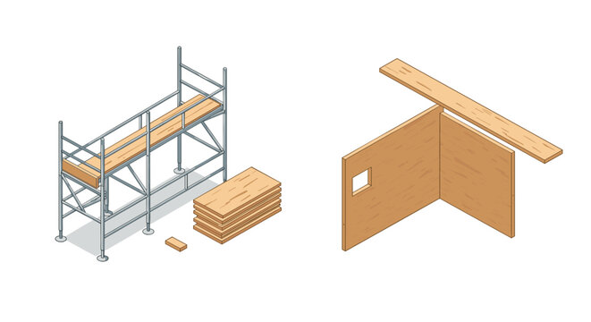 Isometric construction elements: scaffolding structure and wooden panels