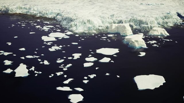 Aerial view of Antarctic glacier front breaking into sea with numerous ice fragments, stark contrast of white ice against dark water highlights melting