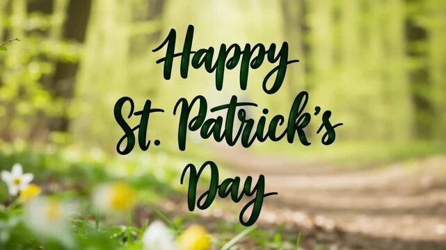 Video showing happy St. Patricks Day lettering with blurred spring forest and path background