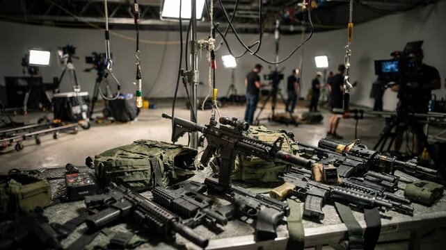 Medium shot of an action films construction on a soundstage featuring weapon props and rigging in sharp focus while the surrounding cameras and crew remain out of focus.