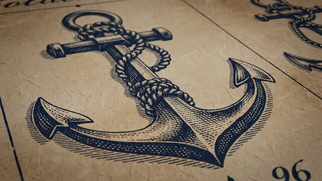 Nautical Anchor Collection \'96 vintage engraved maritime symbol set arranged on aged parchment background, intricately detailed anchor illustrations with fine etched linework, rope-wrapped