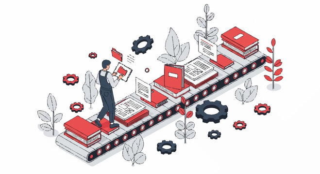 Book Production Process on a Conveyor Belt.