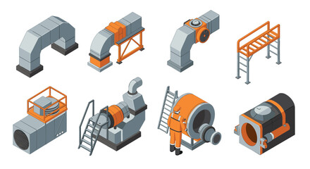 Naklejka premium Industrial hvac components isometric set with engineer in protective gear