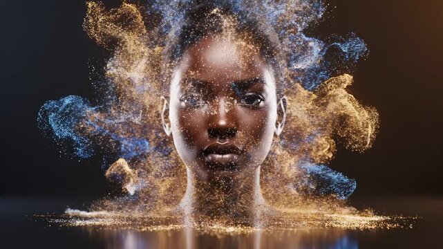 Video featuring evolving particle portrait dissolving and reforming as dotted human face shape, digital transformation and virtual identity concept for metaverse and tech presentations.