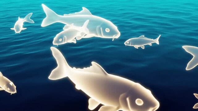 Abstract slow fish background interpretation showing simplified translucent fish forms floating through a gradient aquatic space, soft turquoise to deep navy color transition in the background, subtle