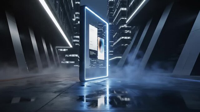 Futuristic Luminous Street Advertising Portal, a stylized glowing rectangular light frame emerging from a dark reflective pavement at night, frameless transparent structure emitting a soft gradient