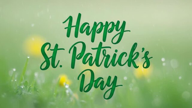 Happy St. Patricks Day lettering on green grass with water drops, a seasonal greeting for holiday celebration