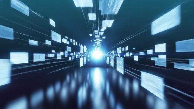 Abstract electronic documents workflow interpretation set in a dark minimal space where glowing rectangular sheets of light replace traditional paper, drifting in organized streams toward a central