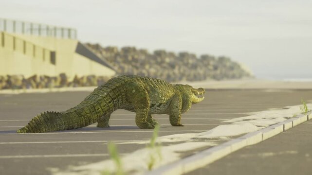 Moss coated animal crossing coastal pavement during late afternoon, cautious stride with low tail, textured algae patches on barrier, seawall and rockbreakers