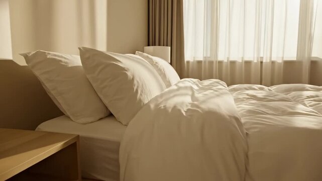 Empty Bedroom Interior \'97 calm tidy sleeping room atmosphere in a softly lit modern apartment, neatly made bed with crisp white linen centered against a warm neutral wall, minimal wooden