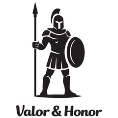 Obraz premium Ancient warrior silhouette holding a spear and shield in classic armor design for valor and honor concepts