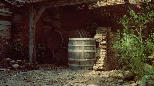 Warm cellar scene with oak barrel set against brick wall and soft amber shadows, rustic coopers atmosphere with dust particles in light, aged wood and textured