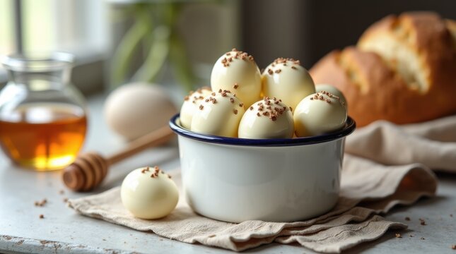 White chocolate Easter eggs with cocoa nibs sprinkled in vintage enamelware bowl on linen cloth, fresh-baked bread and honey dipper, rustic bakery