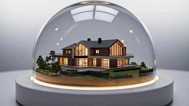 Mortgage Approval Concept \'96 house inside glass dome, a clean studio scene with a small modern house model centered beneath a perfectly transparent glass dome, soft neutral background gradient