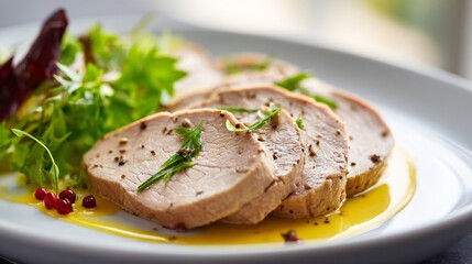 Vitello tonnato photographed in soft cloudy daylight, gentle shadows and natural tones