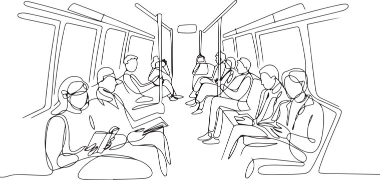 Passengers Enjoying Trip In Bus Or Metro Black Line Pencil Drawing Vector. Passengers Traveling In Public Transport Metropolitan Train Or Trolleybus. one line art icon drawing vector