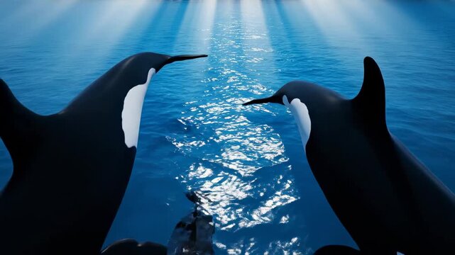 Abstract Marine Life Patterns inspired by whales swimming beneath the ocean surface, dark organic shapes flowing through luminous blue water like living brushstrokes, soft volumetric light beams