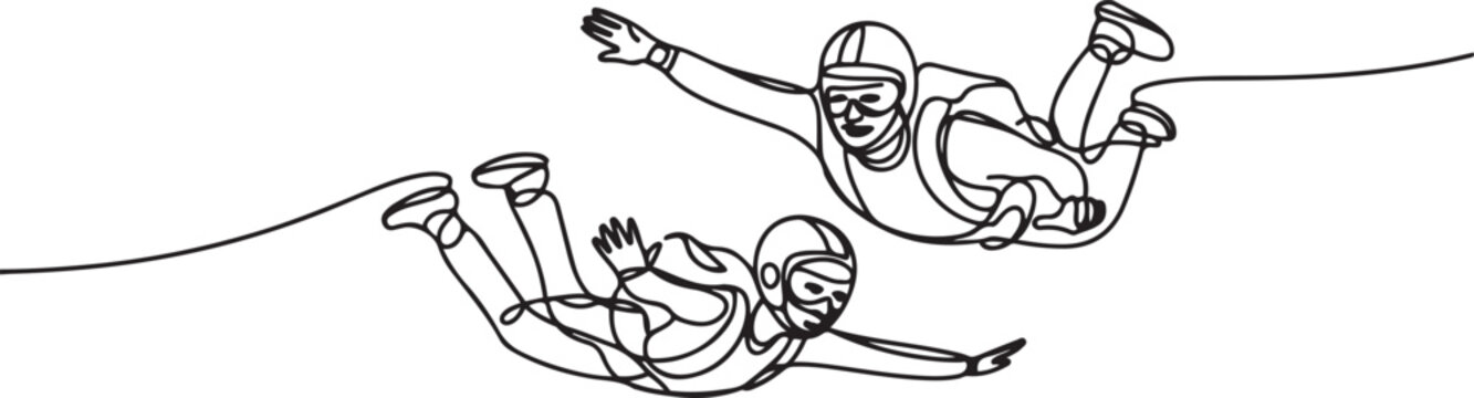 Skydivers Man And Woman Skydive In Air Black Line Pencil Drawing Vector. Young Boy And Girl Wearing Skydive Clothes, one line art icon drawing vector