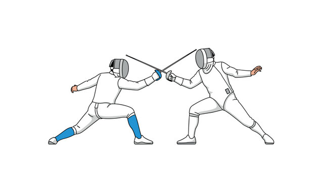 Dynamic fencing duel in minimalist style featuring two fencers in action
