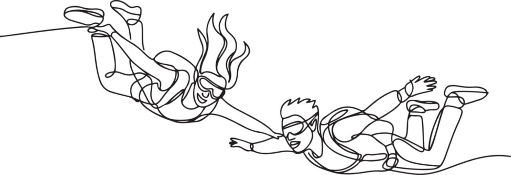 Skydivers Man And Woman Skydive In Air Black Line Pencil Drawing Vector. Young Boy And Girl Wearing Skydive Clothes, one line art icon drawing vector
