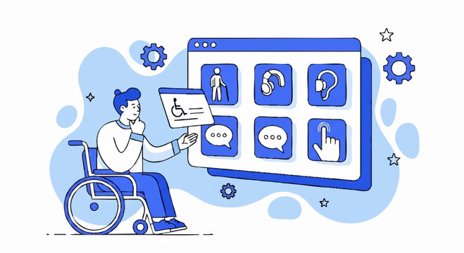 Man in wheelchair interacting with accessibility features on a digital interface.