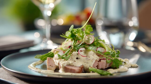Vitello tonnato photographed with shallow depth of field, blurred dining background
