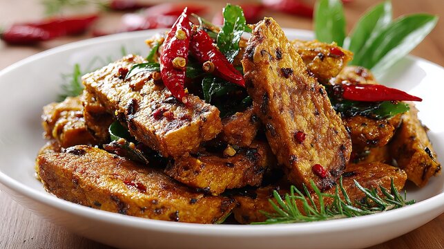 Indonesian tempeh dish, seasoned with soy sauce and spices, rests on a white plate.