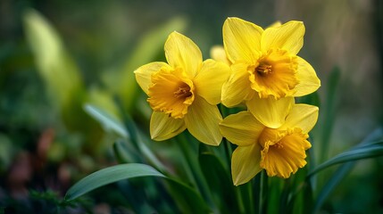 Bright yellow daffodils, bathed in gentle spring sun, grace a vibrant green setting, creating a peaceful, natural feel.