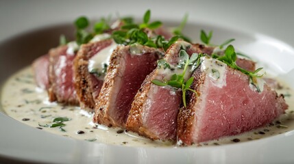 Vitello tonnato plated with sauce pooled gently underneath the meat, photographed at a 45-degree angle for depth