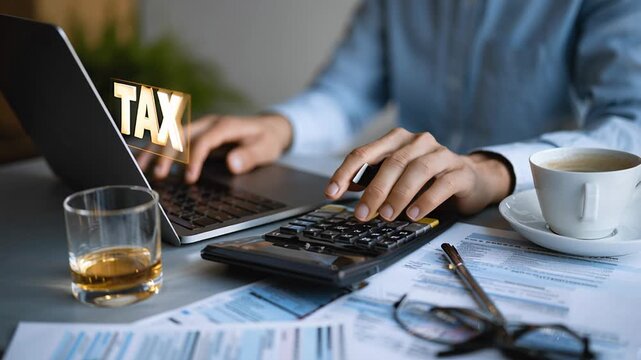 Nighttime scene of diligent accountant at cluttered desk, Latenight accountant thoroughly reviewing financial papers on disorganized desk with coffee