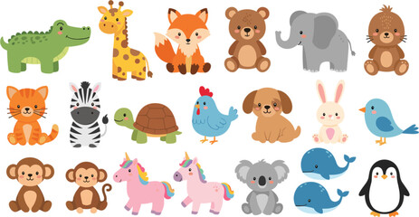Fototapeta premium Cute Cartoon Animal Collection with Bear Fox Elephant Giraffe Penguin and Farm Wildlife Characters Vector Illustration