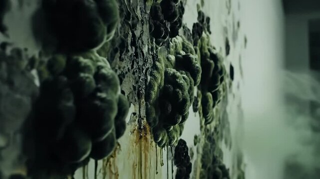 Abstract damp contamination visualization based on basement mold damage, dark minimalist room where a single wall transitions gradually from clean white surface into spreading shadowy organic shapes