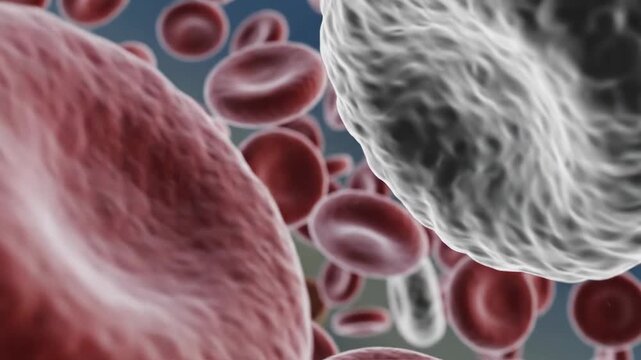 Blood Cells Under Microscope \'96 medical hematology macro view showing richly detailed red blood cells drifting through translucent plasma, smooth biconcave discs gently rotating in shallow