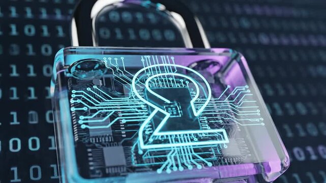 Futuristic encryption symbol visualization, a semi-transparent glass-like padlock with illuminated internal circuits and microchip patterns visible beneath the surface, cool cyan and violet highlights