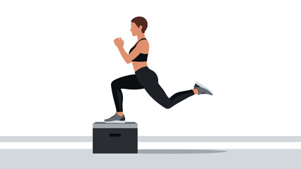 Flat style fitness exercise: woman performing box jump in modern gym setting