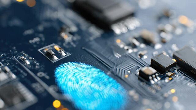 Digital fingerprint on circuit board, glowing turquoise ridges over microchip traces, close up of sensor and gold contacts, high-tech biometric authentication