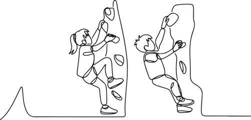 Schoolgirl And Schoolboy Kids Climbing Wall In Sport Center Attraction. one line art icon drawing vector