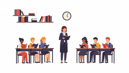 Vector illustration of a teacher standing with students reading books on Read Across America Day in a classroom setting with desks and bookshelves. © Hadi