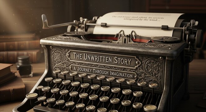Vintage Typewriter with Unwritten Story on Desk in Dimly Lit Room from Close-up Viewpoint