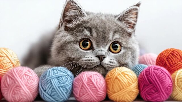 A gray cat sits surrounded by balls of yarn, perfect for a cozy scene or knitting inspiration
