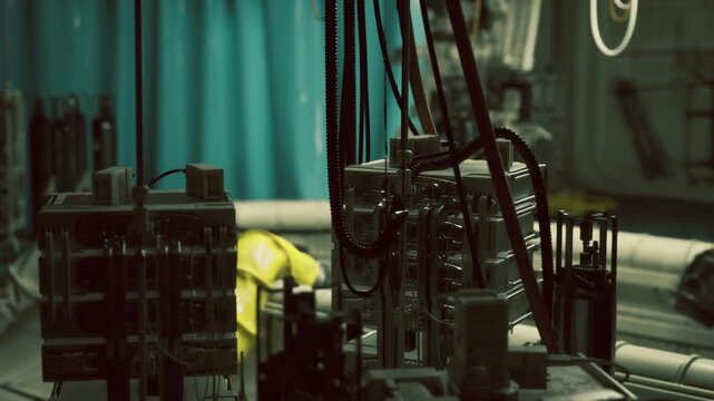 Industrial technician hands operating control panel, dim factory interior with tangled cables and monitoring devices, yellow protective gloves and toolkit