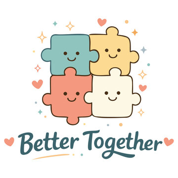 Cute colorful jigsaw puzzle pieces with smiling faces forming a teamwork concept illustration isolated on transparent background better together