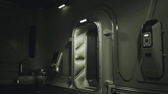 Padded airlock doorway with control pad and gasket detail, sealed pressure hatch framed by sensors and safety lights, clinical atmosphere of containment