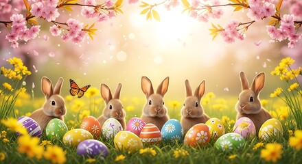 Obraz premium Five bunnies with decorated eggs sit in a field under blooming pink cherry blossoms