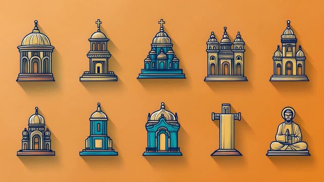 A set of religious icons on a pink background